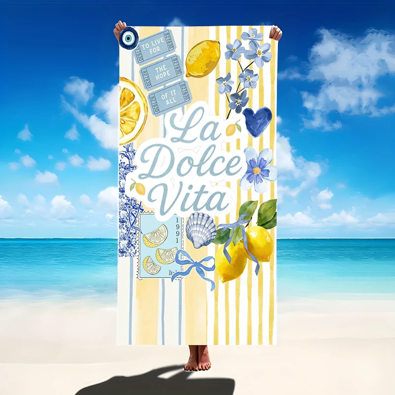 La Dolce Vita Lemon Floral Ticket Seashell Collage Print Microfiber Quick Dry Mediterranean Amalfi Coast Themed Beach Towel
