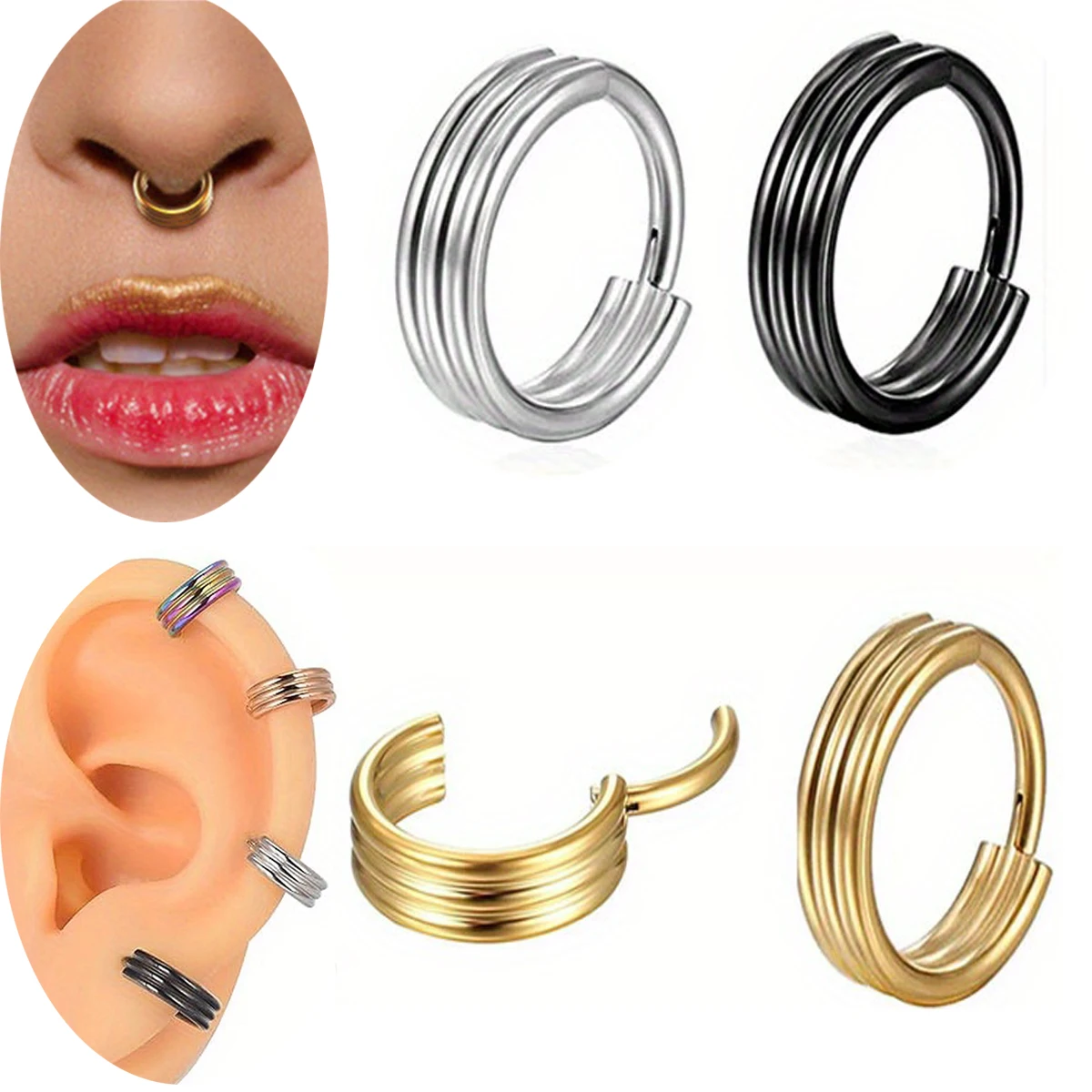 Triple Hoops Nose Ring Hoop Hinged Septum Tragus Rook Hoop Rings Conch Daith Helix Lip Labret Ring Clicker Cartilage Earrings