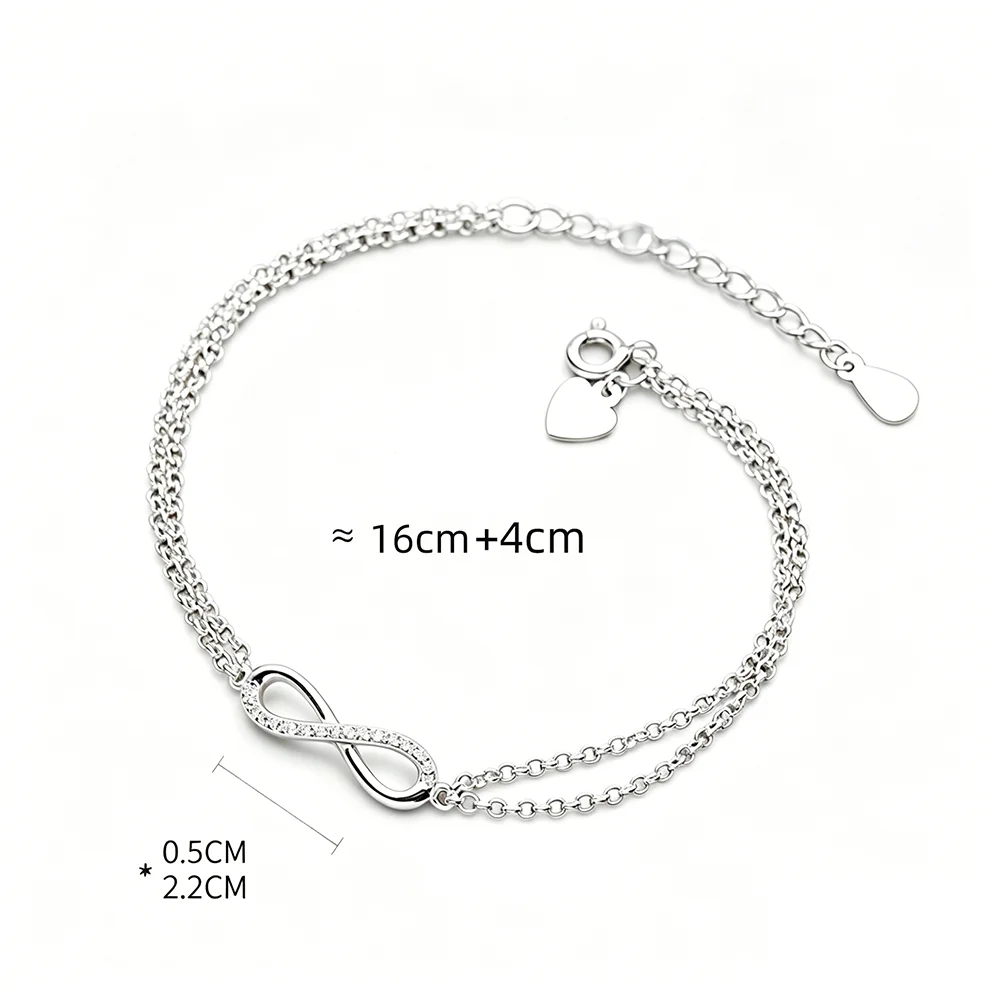 925 Sterling Silver Infinity Bracelet for Women Minimalist Double Layer Chain Design Dainty Zircon Inlaid 8‑Shaped Charm