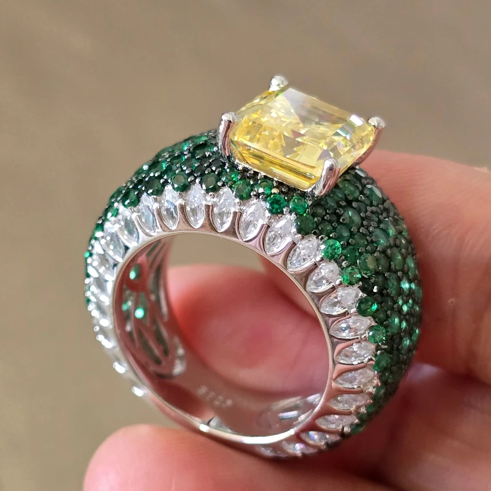 ARIGAYA High Craft 925 Sterling Silver With Rectangle Created Yellow Gemstone Green High Carbon Diamond Ring Luxury Fine Jewelry