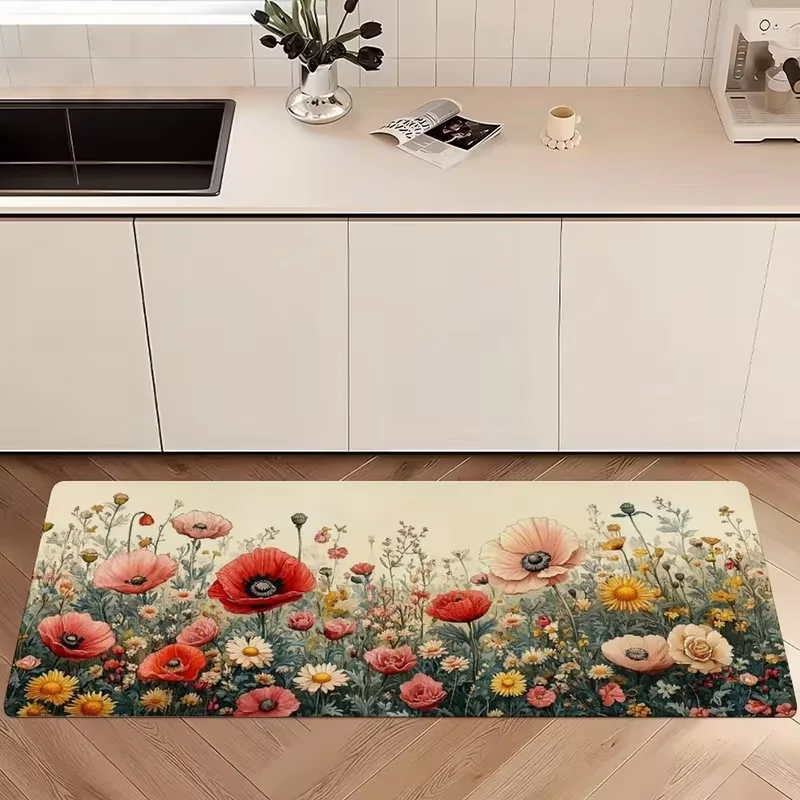 Vintage Wild Poppy Flower Field Long Runner Rug Botanical Floral Pattern Non Slip Mat Cottage Style Kitchen Entryway Carpet