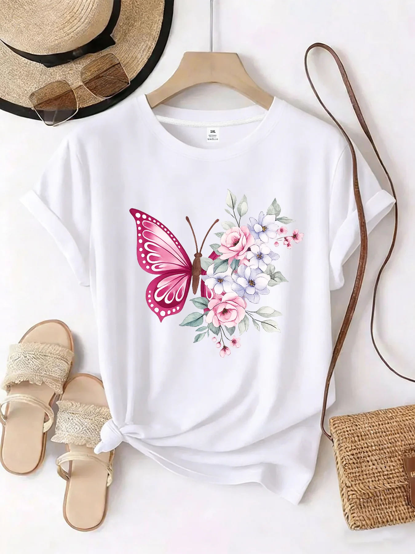 

【WZM101296】Butterfly print plus size women's round neck summer casual short sleeved street fashion versatile plus size T-shirt