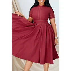 Plus Size Semi Formal Wine Red Casual High Waist Pleated Round Neck A-line Large Skirt Hem Midi Dresses