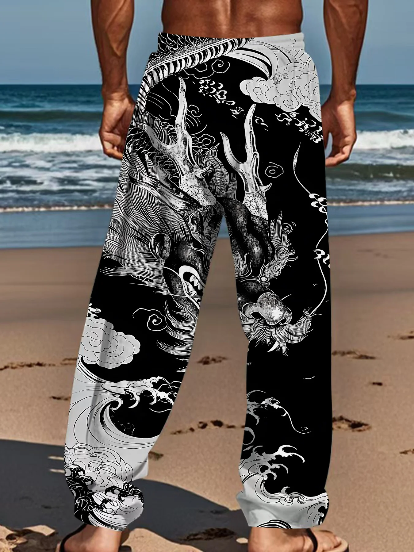 Neu eingetroffen: Trendige Unisex-Jogginghose mit Drachen- und Blumenmuster, lässige Sweatpants für Strandurlaub und den täglichen Gebrauch auf der Straße. – Detail 9