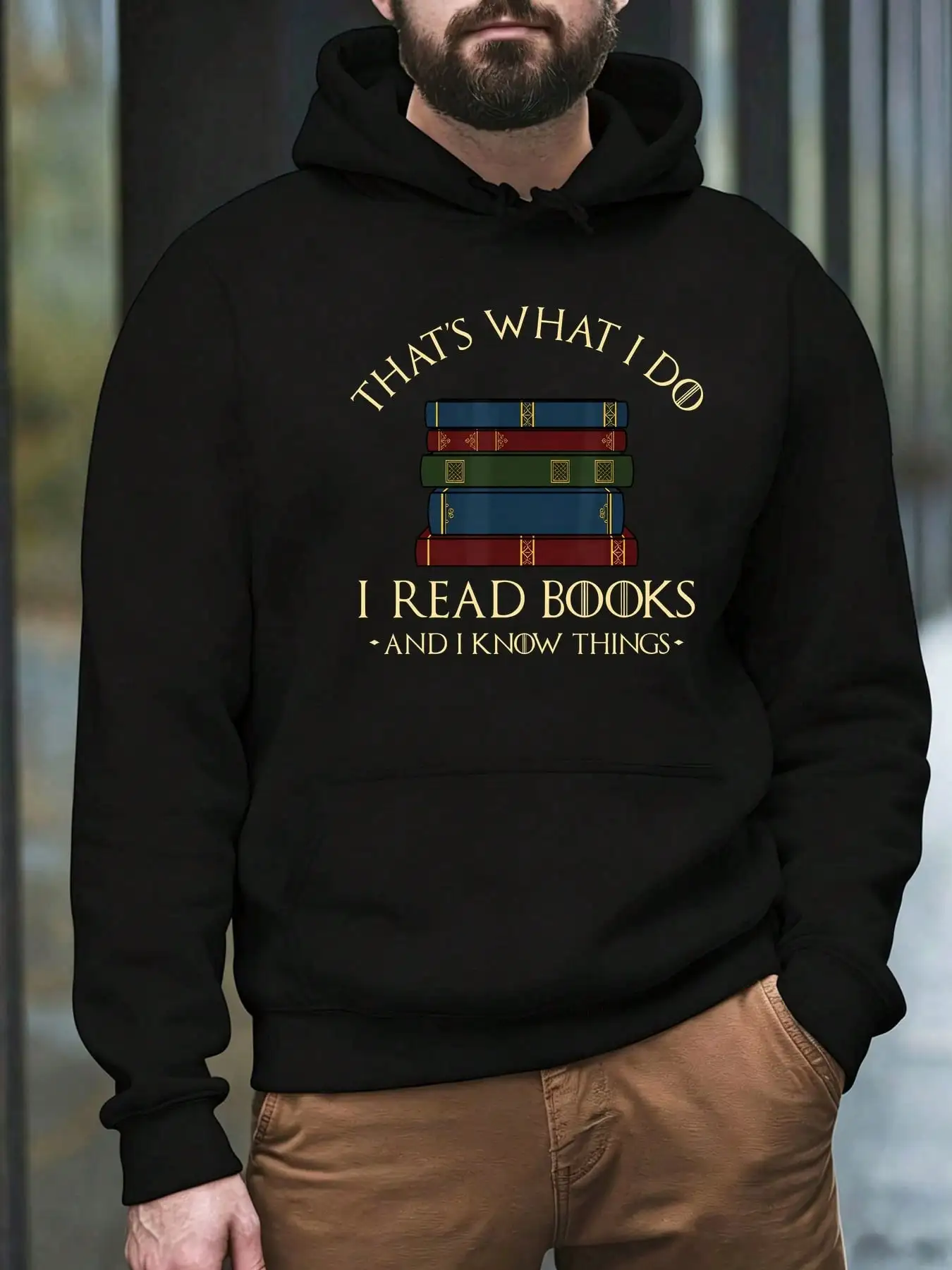 Men's Casual Hoodies, Books Reading Knowledge Printed Long Sleeve Hooded Sweatshirt, Versatile Top For Autumn Winter
