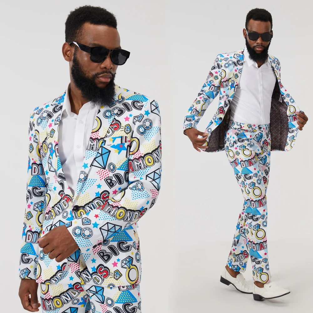 Mens New Fashion Print Suits Set 2PCS  (Blazers + Pants)  Man Slim Fit Party   Stage Costumes Coat Casual Slim Fit Jacket