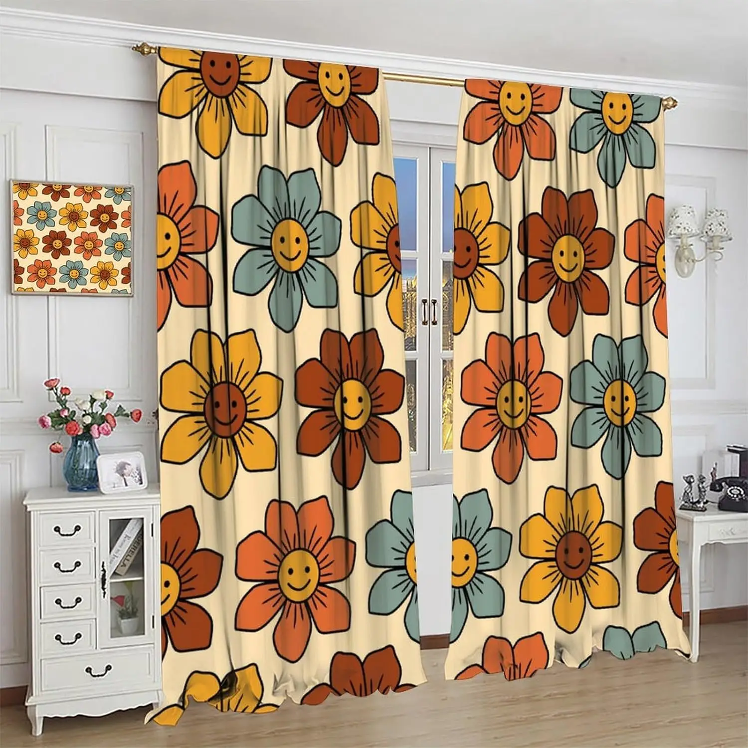70s Flowers Curtains Retro Colors Floral Groovy Vintage Colorful Blackout Window Drapes for Bedroom Living Room Kitchen Cafe