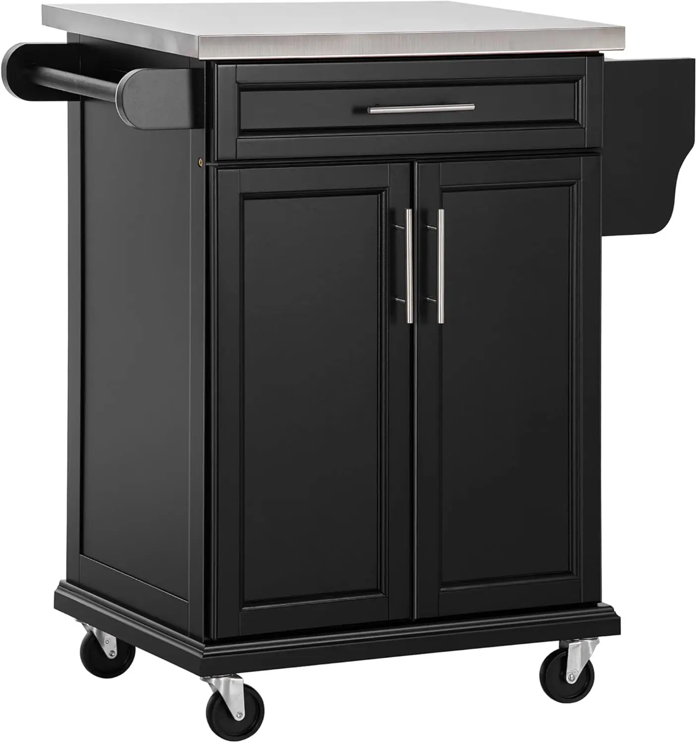 Kitchen Island on Wheels, Rolling Kitchen Cart with Stainless Steel Countertop, Drawer, Towel Rack and Spice Rack, Utility Stora