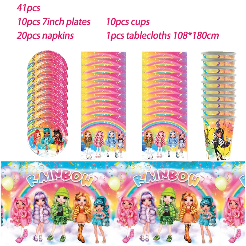 Rainbow High Doll Birthday Party Decoration Princess Girl Rainbow Doll Balloon Tableware Banner Party Supplise Kids Toys