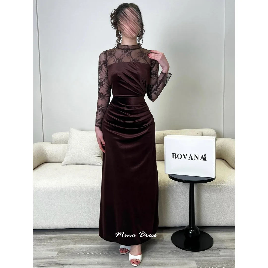 

Mina Customized Brown Luxurious Women's Evening Dresses for Special Occasions Embroidery. Long Sleeves Crew Neck Prom Dress