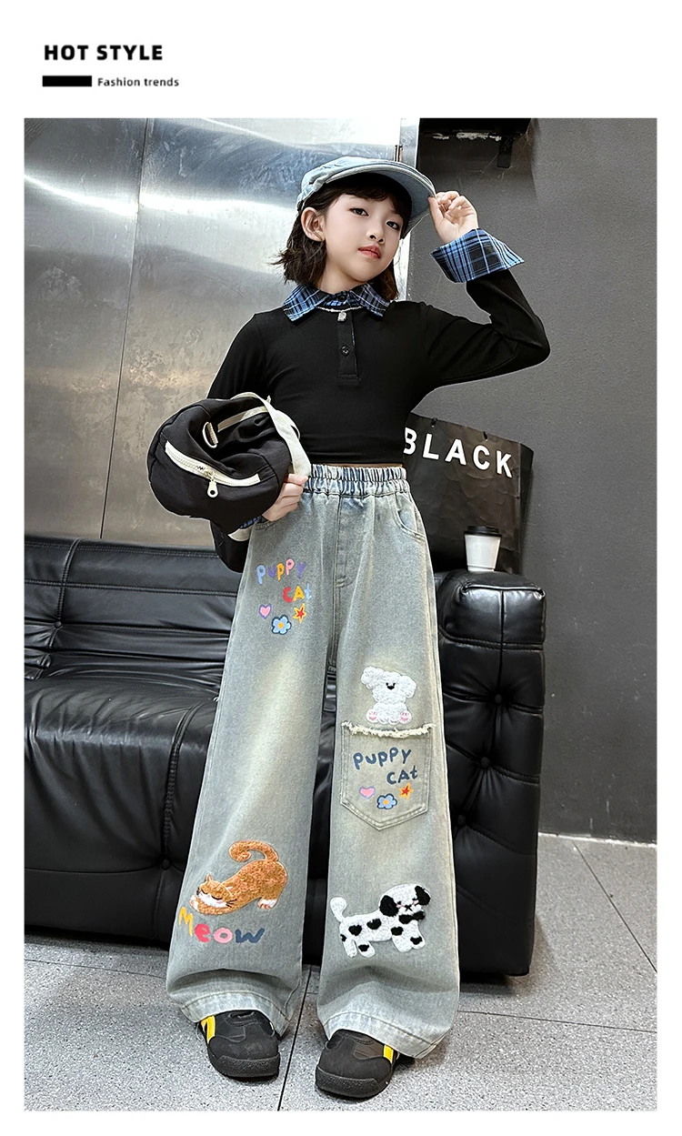 Herbstliche Jeans mit Hundestickerei für Teenager-Mädchen, Junior-Kinder-Denim-Hosen mit weitem Bein, Schul- und Streetwear-Jeans für Kinder im Alter von 5-14 Jahren – Detail 5