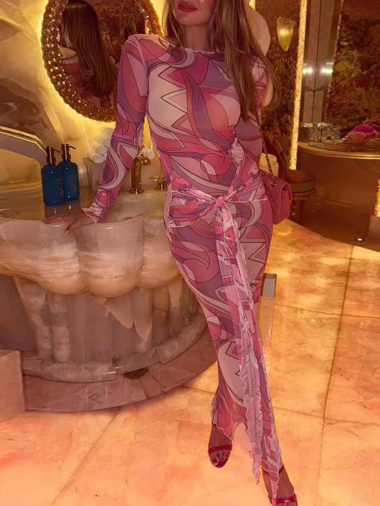 MCDV Abito sexy in maglia con stampa con lacci Donna Chic O-Collo Manica lunga Aderente Abiti maxi trasparenti 2025 Autunno Lady Beach Vacation Robe