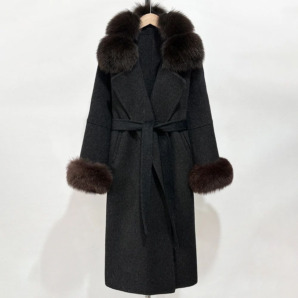 OFTBUY Langer, warmer, eleganter Wintermantel mit Gürtel, neue Damen-Doppelmantel aus Wolle mit echtem Fuchsfellkragen und -manschetten – Detail 13