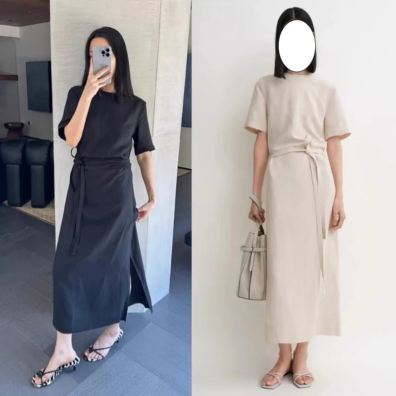 فستان بأكمام قصيرة للنساء في شمال أوروبا، بسيط وكسول للتنقل، مع طيات وتنورة طويلة بأربطة، خريف 2025 #2