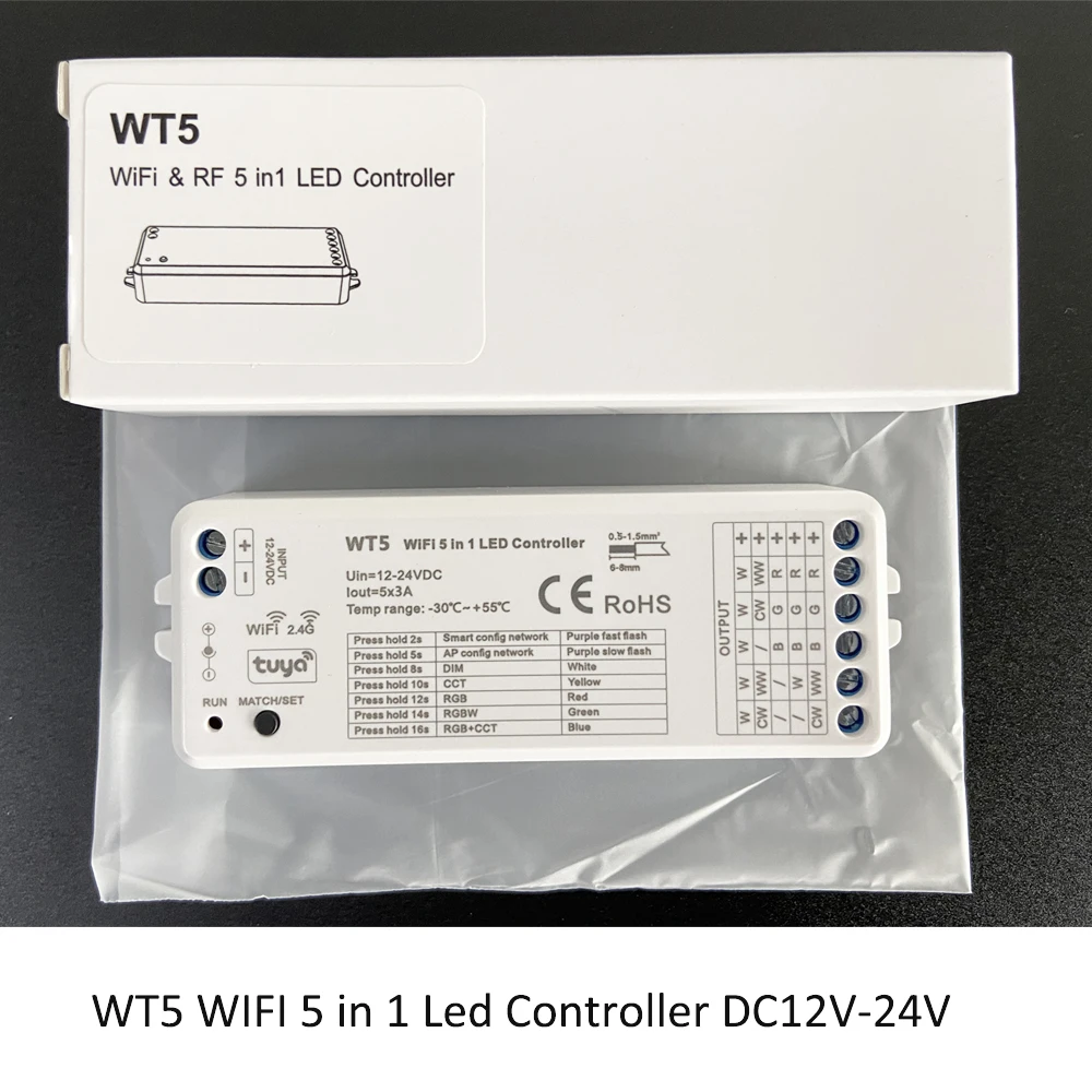 WT5 Tuya Wifi LED Controller 5 in1 Dimmer Dual White RGB RGBW RGBCCT LED Strip Light controller DC12V 24V