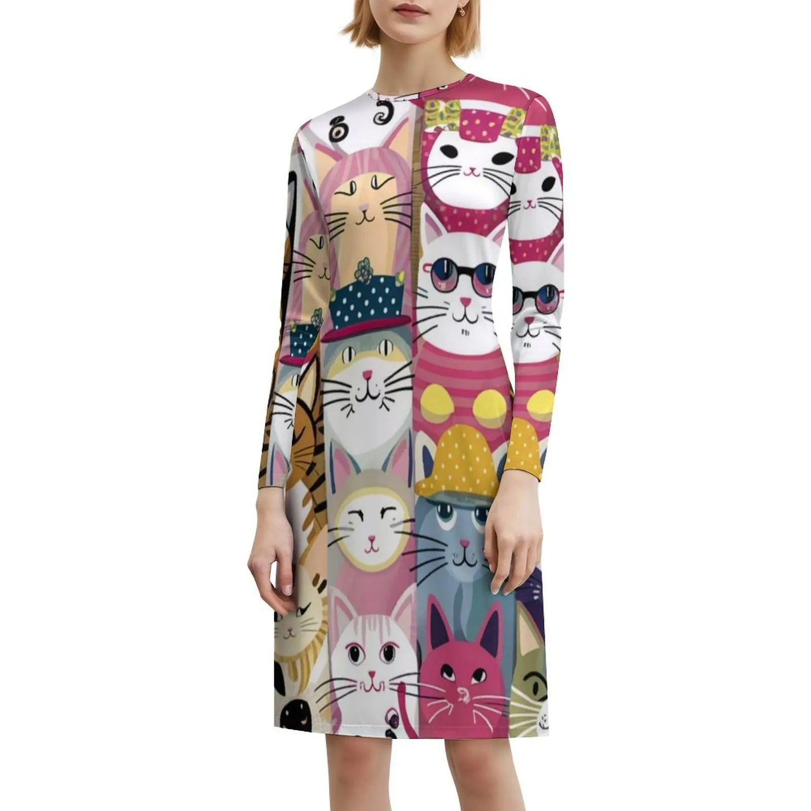 القط سلس نمط التوضيح البوهيمي بلا أكمام فستان متعدد طباعة عطلة الشاطئ فستان الحفلات القط التوضيح القط