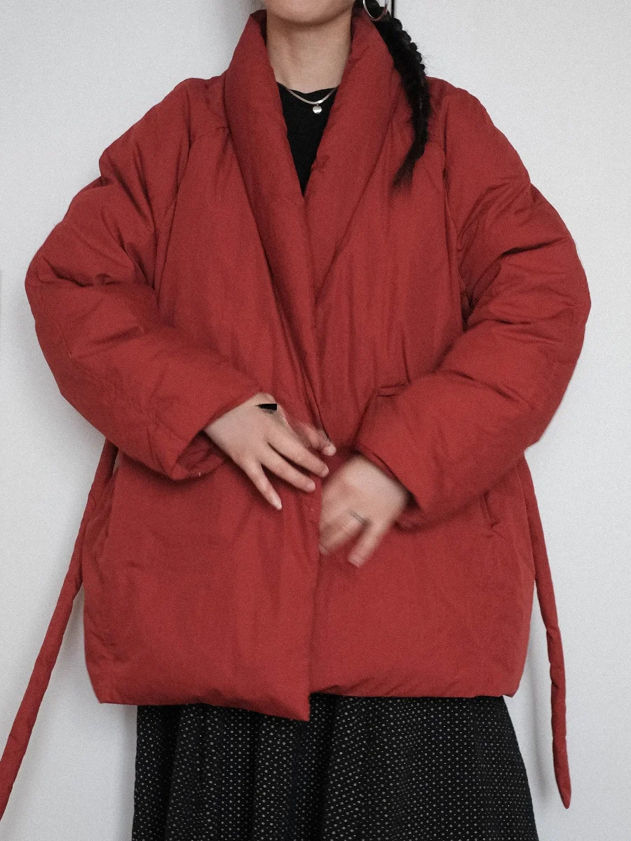 

Thiened Du down Puffer Jaet Women's Retro Sle Robe pe Silk on Red 90 White Du down Warm Long Sve Coat