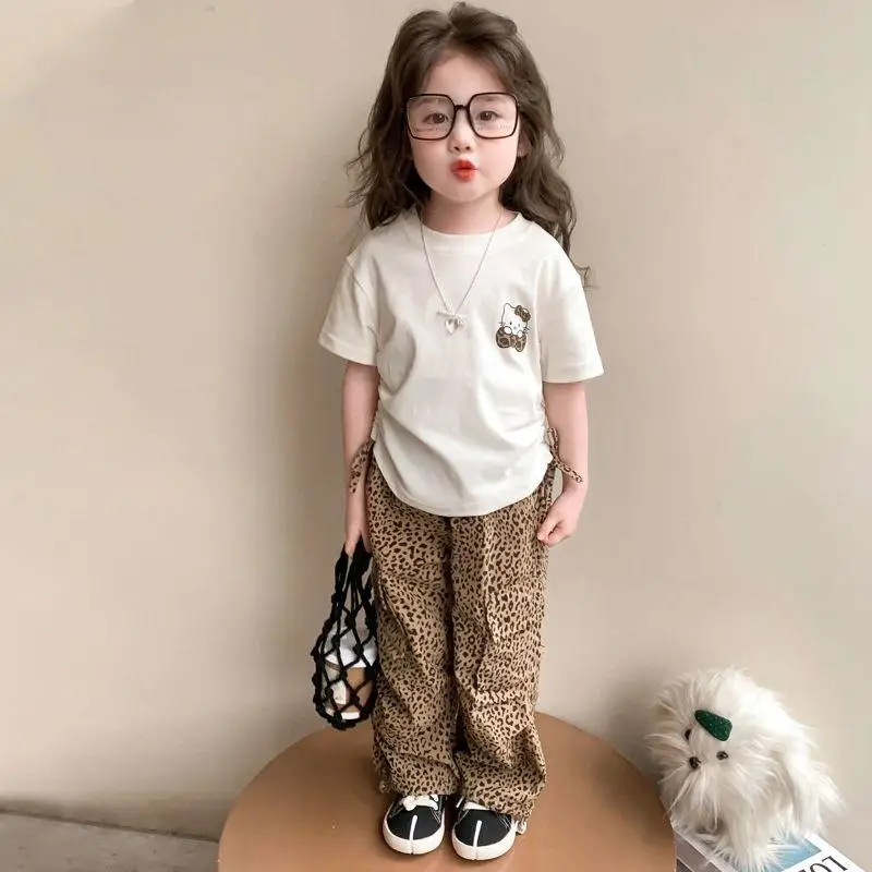 

Sanrio Hello Kitty Girl Summer Sets Casual T-Shirt Tops Leopard Print Cartoon Pants Kawaii Anime Fashion New Children Clothing