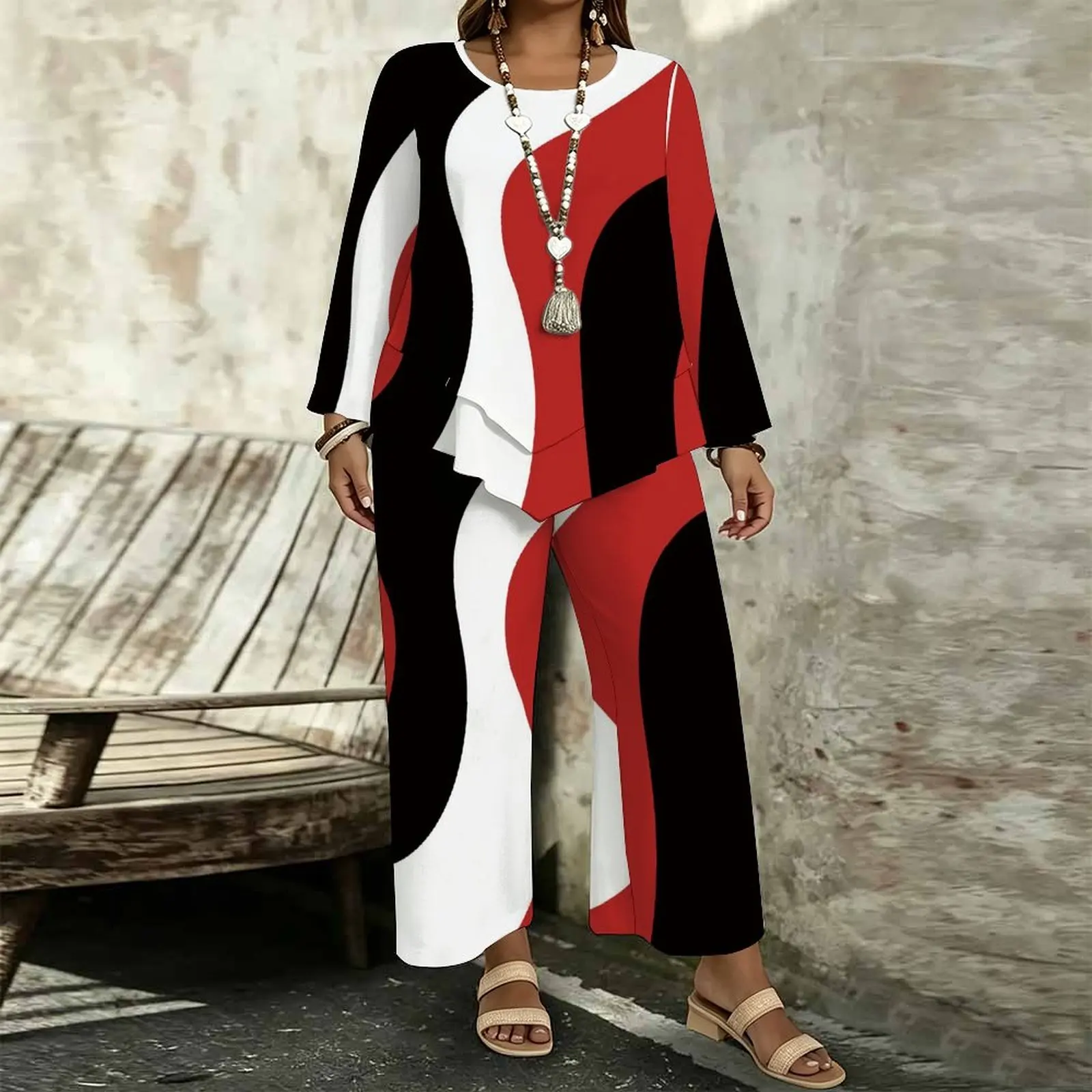 Plus Size Women Casual Print Two Piece Set Round Neck Everyday Commuting Clothes Beach Vacation Sweatpants