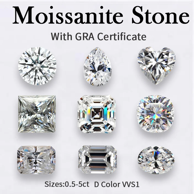 

Moissanite Stone D Color 0.5-5ct GRA Certificate Round/Emerald/Radiant/Heart/Asscher/Princess/Oval/Pear/Marquise Various Cutting