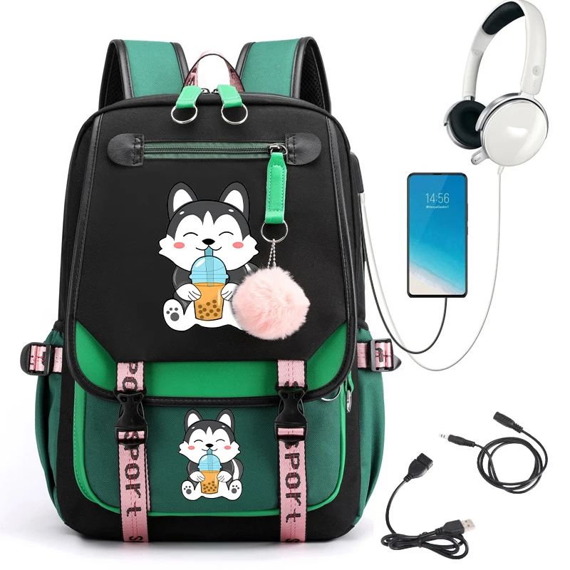 Zaino da scuola per adolescenti di tendenza Chibi Kawaii Husky School Student Schoolbag Kids Anime Cartoon Bagpack ricarica Usb Bookbag per adolescenti