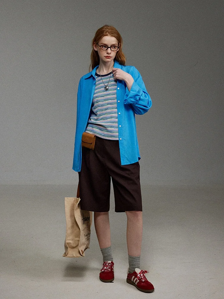 

LITLECOT Blue Silk Long Sve irt Women's Spring Autumn New Sle Retro Commute irt Single Button Loose Fit Pure Color