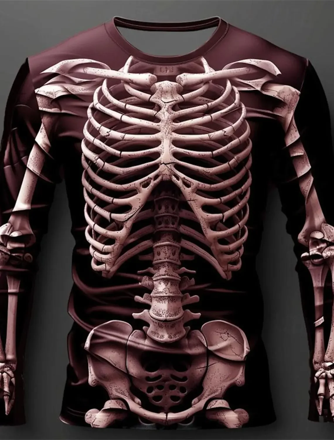 Men's 3D Skeleton Print Long Sleeve T Shirt Halloween Costume Tee Human Bone Graphic Casual Round Neck Tops