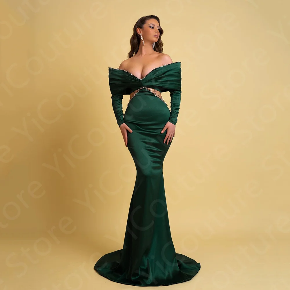 

Classic On Sale Dark Green Evening Dresses Mermaid Prom Gowns 2024 Off Shoulder Long Sleeve Wedding Party Dresses Sweep Train