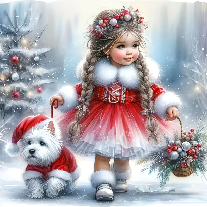 1Pc 2D Flat Christmas Girl & Dog Vinyl Sticker, Self‑Adhesive Decal for Car Laptop Bottle Wall Metal Decor, Holiday Gift
