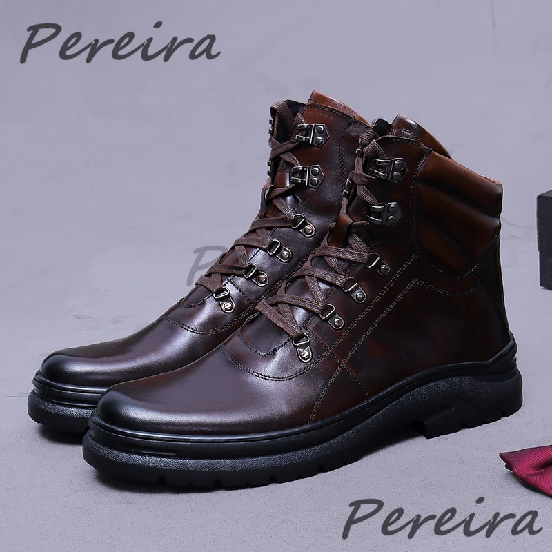 Men's Cowhide Thick Soled Motorcycle Boots Trend Retro Lace-Up Height Increasing Short Boots Autumn Winter Men High Top Shoes
