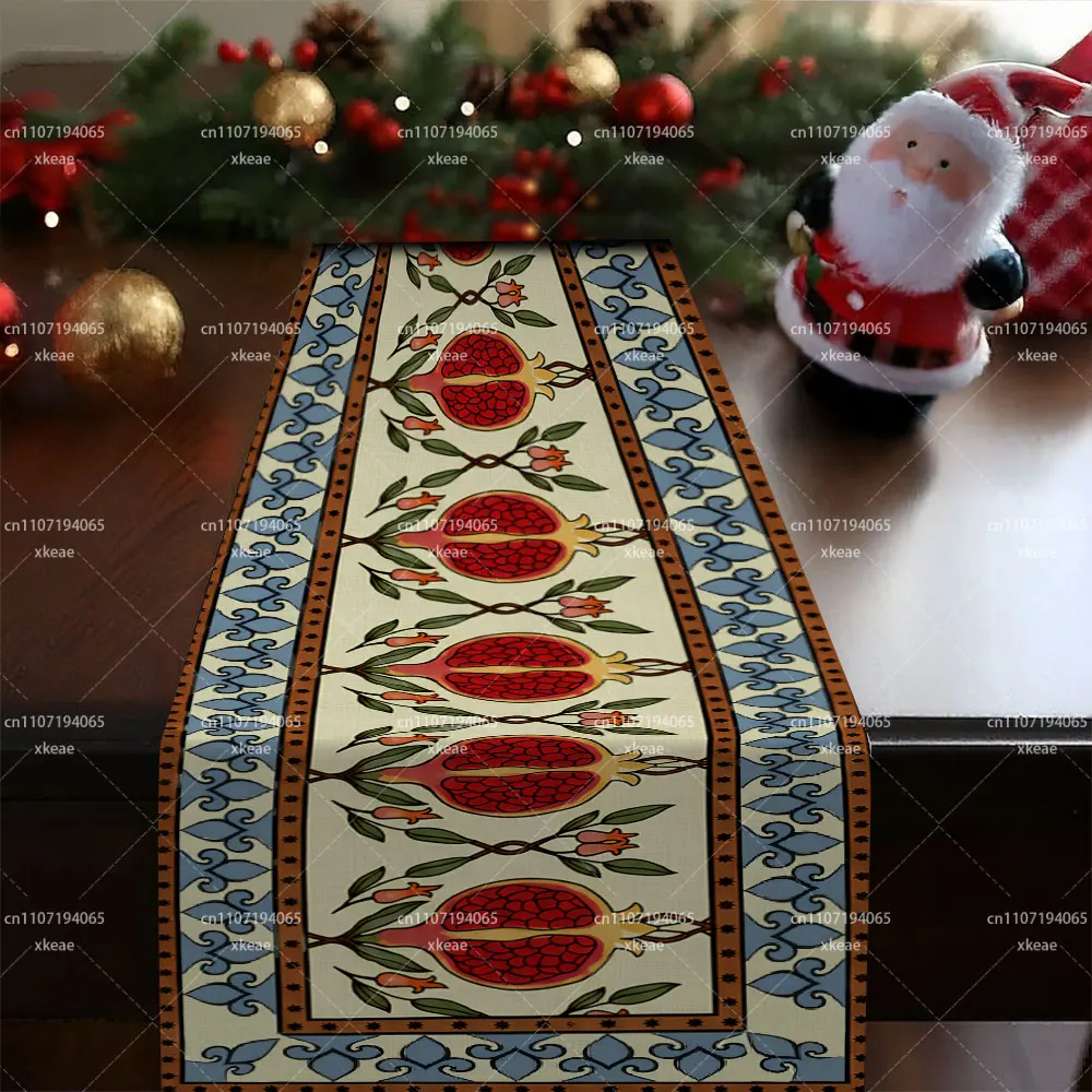 Rosh Hashanah Pomegranate Table Runner, Jewish New Year Ethnic Fruit Floral Border Print Table Runner, Vintage Decorative Tablec