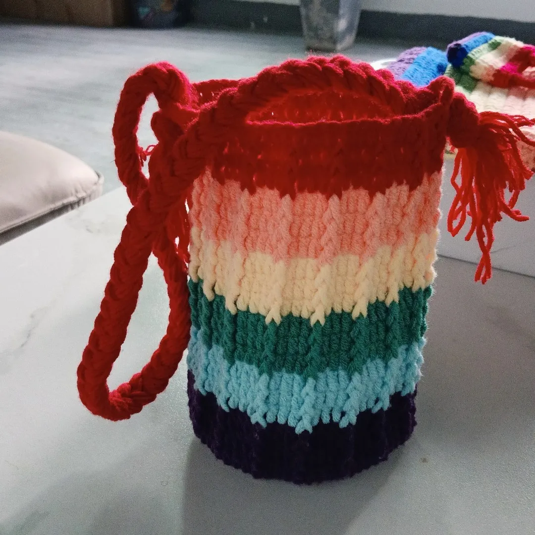 

Handmade crochet bucket bag with gradient color; striped beach gift with rainbow style; Bohemian style.
