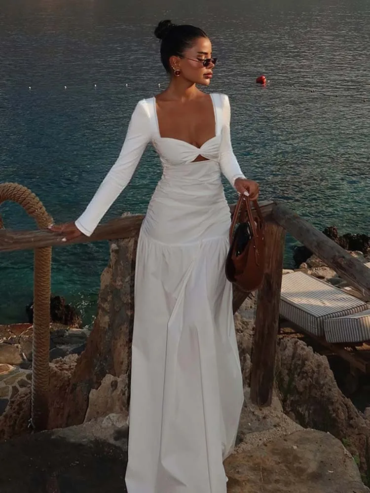 Heinene Sxey ホワイトカットアウト長袖マキシドレス女性のためのソリッドエレガントな足首までの長さの A ラインビーチドレス 2025 新しい秋冬