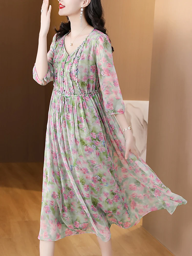 Women Silk Floral Ruffled Casual Loose Waist Midi Dress Summer Fashion Elegant Party Vestidos 2024 Korean Chic Birthday Dresses