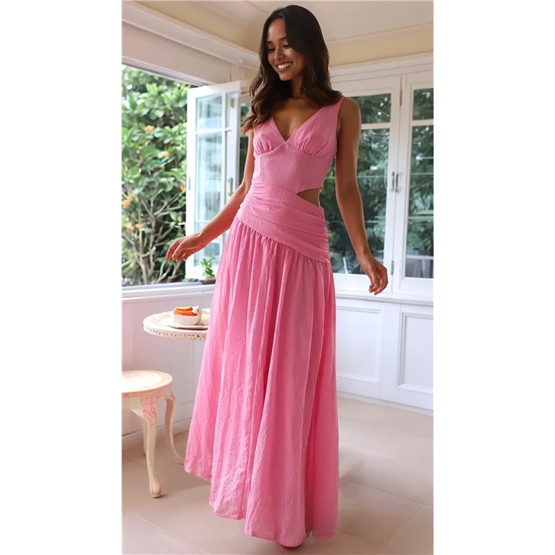 ABRT-dames lange verlaagde taille ruches zomerfeestjurk vloeiende v-hals uitgesneden geplooide damesjurken