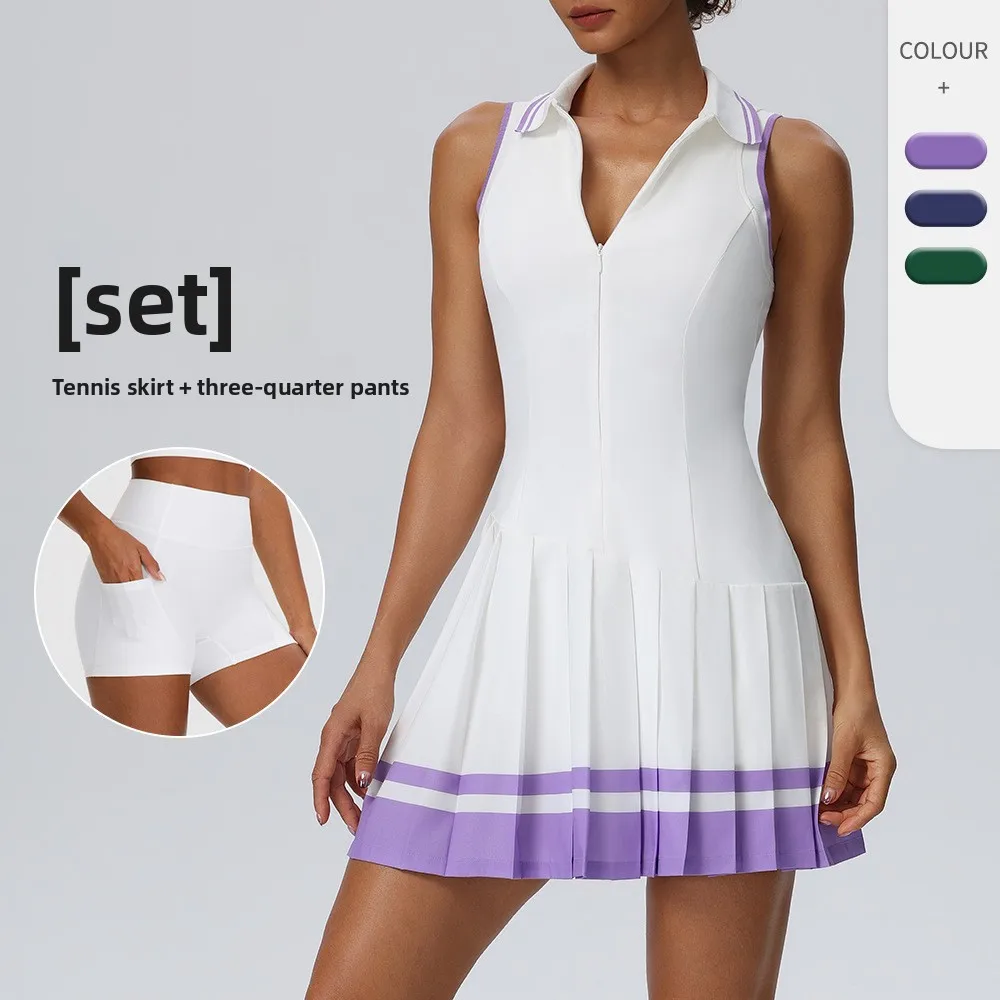 Sleeveless POLO collar one-piece tennis dress set, contrasting pleated fitness dress Fitness Suit