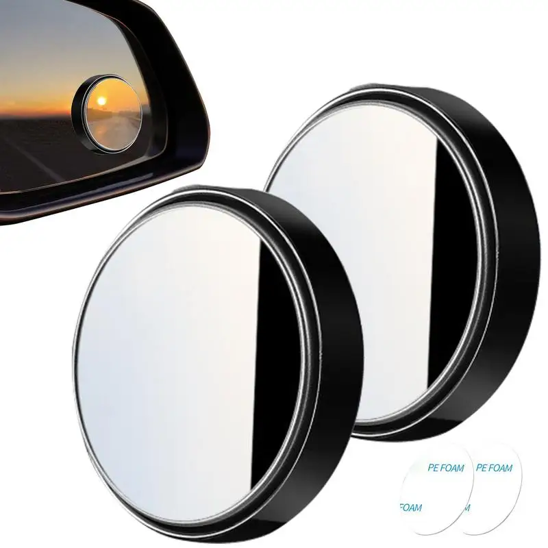 2Pcs Car Blindspot Rear View Mirror Wide Angle Adjustable Small Round Mirror Car Reverse Auxiliary Rearview Mirror with Frame