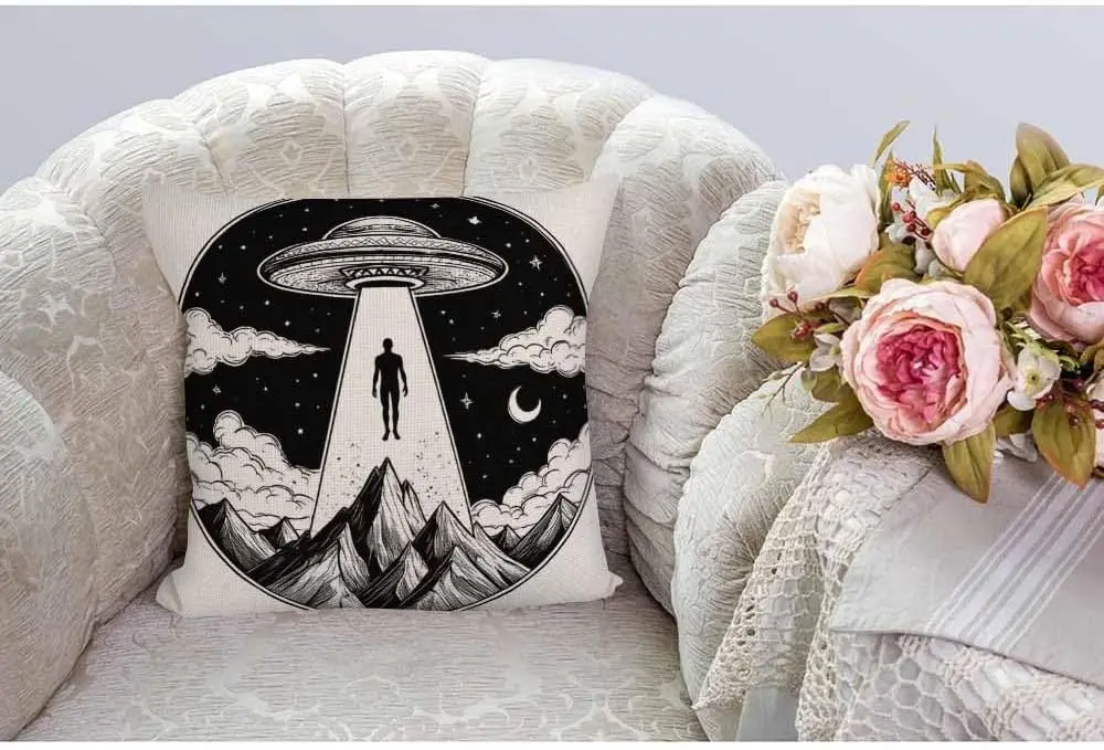 Alien Spaceship UFO Abduction Double Sided Throw Pillow Cover Flying Saucer Moon Mountain Decorative Case for Couch and Sofa