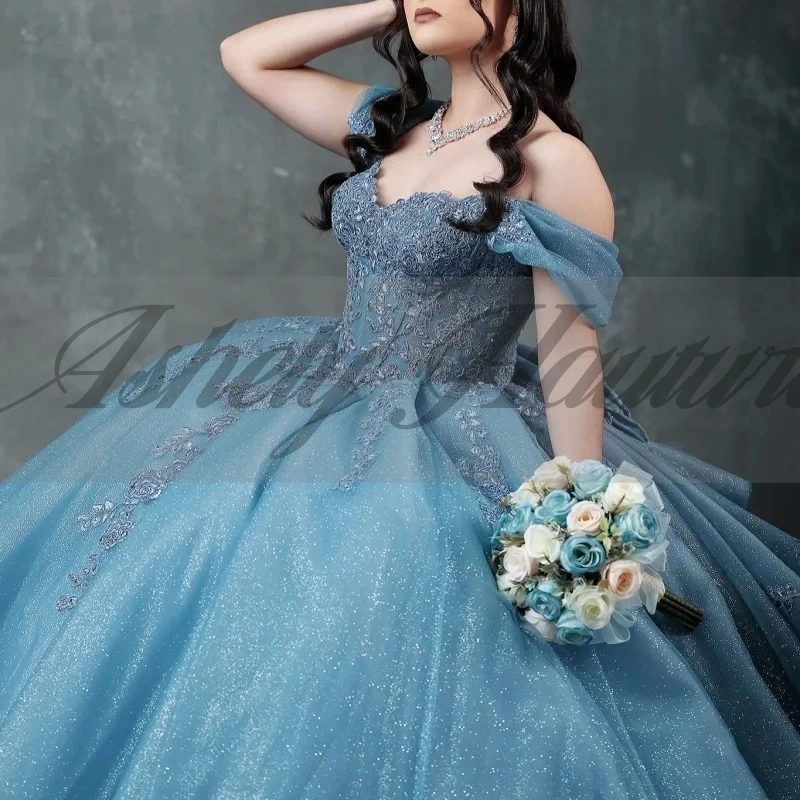 Dostosowane High End Mexico Women Birthday Party Dress Prom Occasion Wear Lace Applique Bow Puffy Skirt Sweet 15 16 Quinceanera