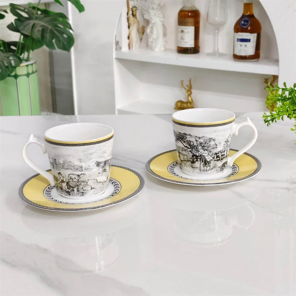 European Manor Pattern Bone China Coffee Cup and Saucer Set of 2 Elegant Afternoon Tea Tableware Home Premium Tea Set Gift Box