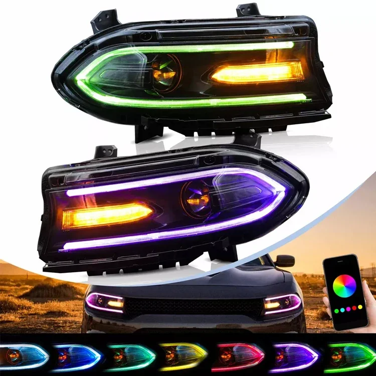 

Pair LED DRL RGB Projector Halo Headlights for Dodge Charger 2015-2021