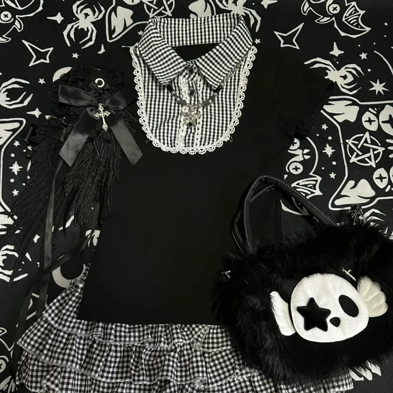 

Deeptown Vintage Plaid Patchwork T-shirts Women Korean Style Sweet Black Top Shoujo Girl Aesthetic Kawaii Short Sleeve T-Shirts