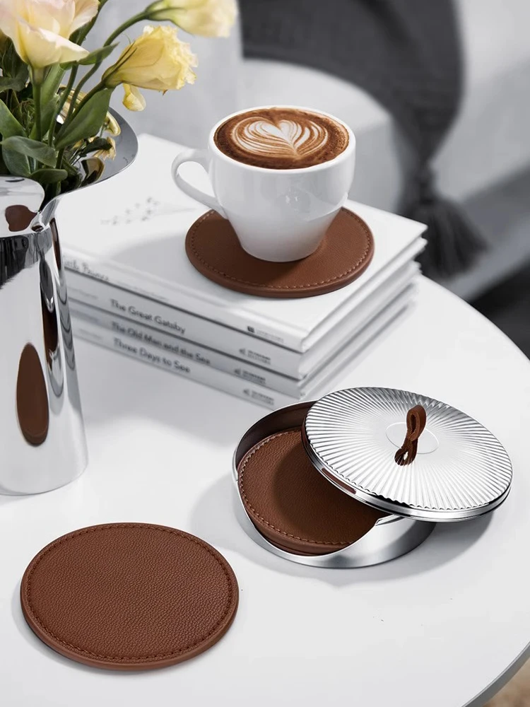 4PCs Luxury Leather Coaster with Stainless Steel Container Premium Round Coasters for Home Decoration Table Office Kitchen