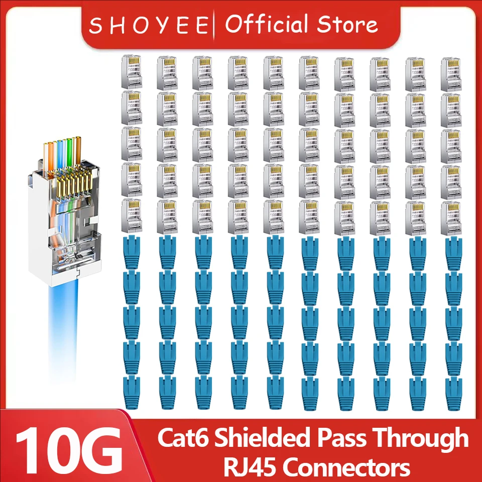 Cat6 Shielded RJ45 Pass Through Connectors with Strain Relief Boots  Cat6 Ethernet Modular Plug Network Cable, Supports 10Gbps
