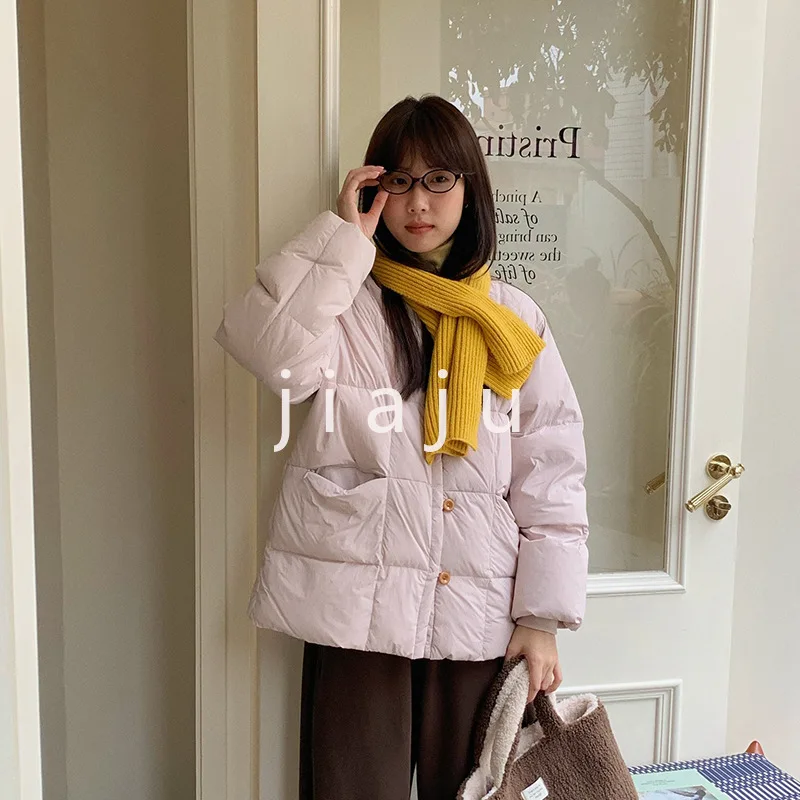 2024 winter new round neck down jacket femininity button warm white duck down jacket women