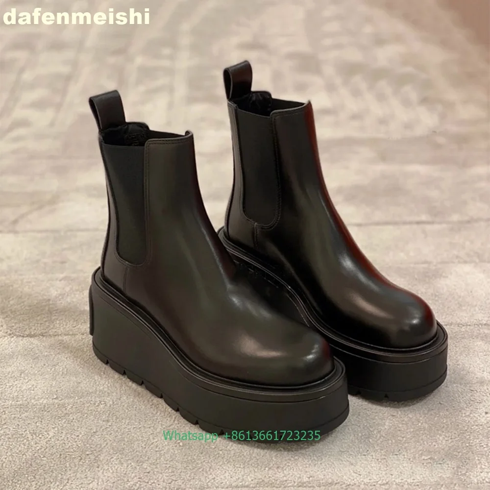 Black/red Women's Chelsea Boots Wedges Platform Pull-On Ankle Boots Winter Warm with Velvet Height Increasing Fashionable Boots