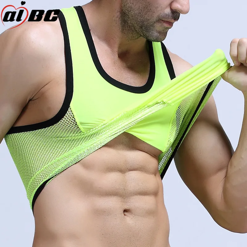 جديد رجل الصيف مثير شبكة شفافة شبكة صيد السمك تي شيرت بروتيل رياضة التدريب تانك القمم سترة السروال تنفس رقيقة الذكور سترة #3