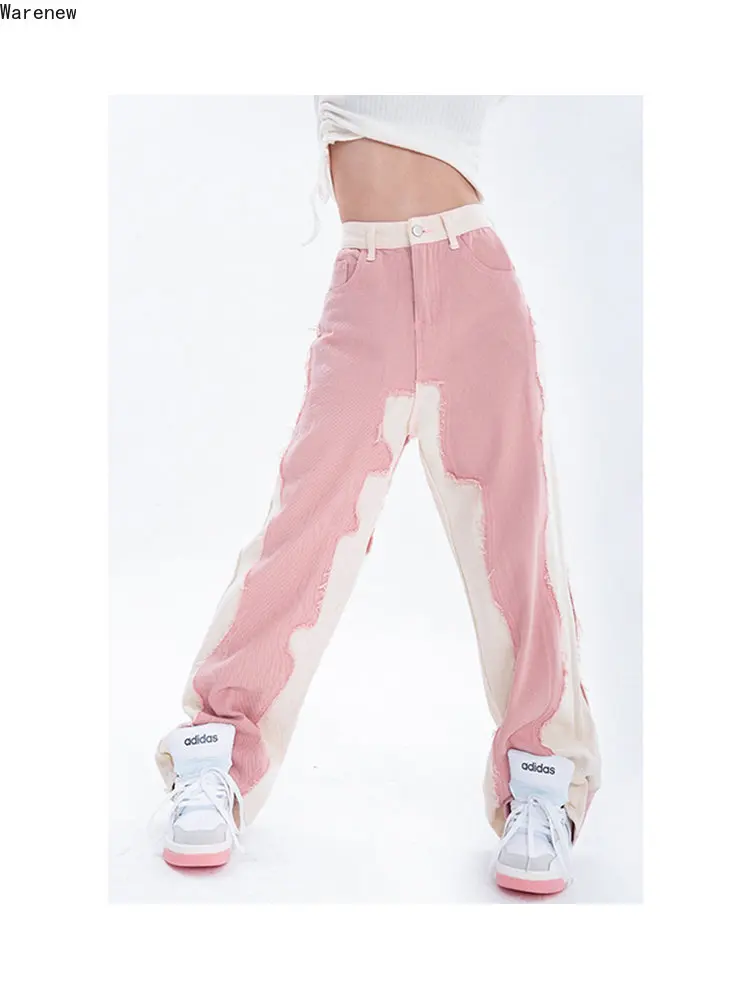 Casual Hip Hop Fashion Y2K Pink High Waist Baggy Jeans Denim Women\'s Wide Leg Streetwear Vintage Straight Trouser Female Pants