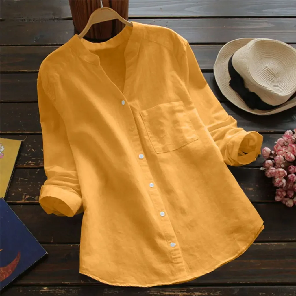 

Women's Casual Retro Cotton And Linen Shirts Loose Solid Color V-neck Cardigan Button ladies Yellow White Autumn Shirt Tops