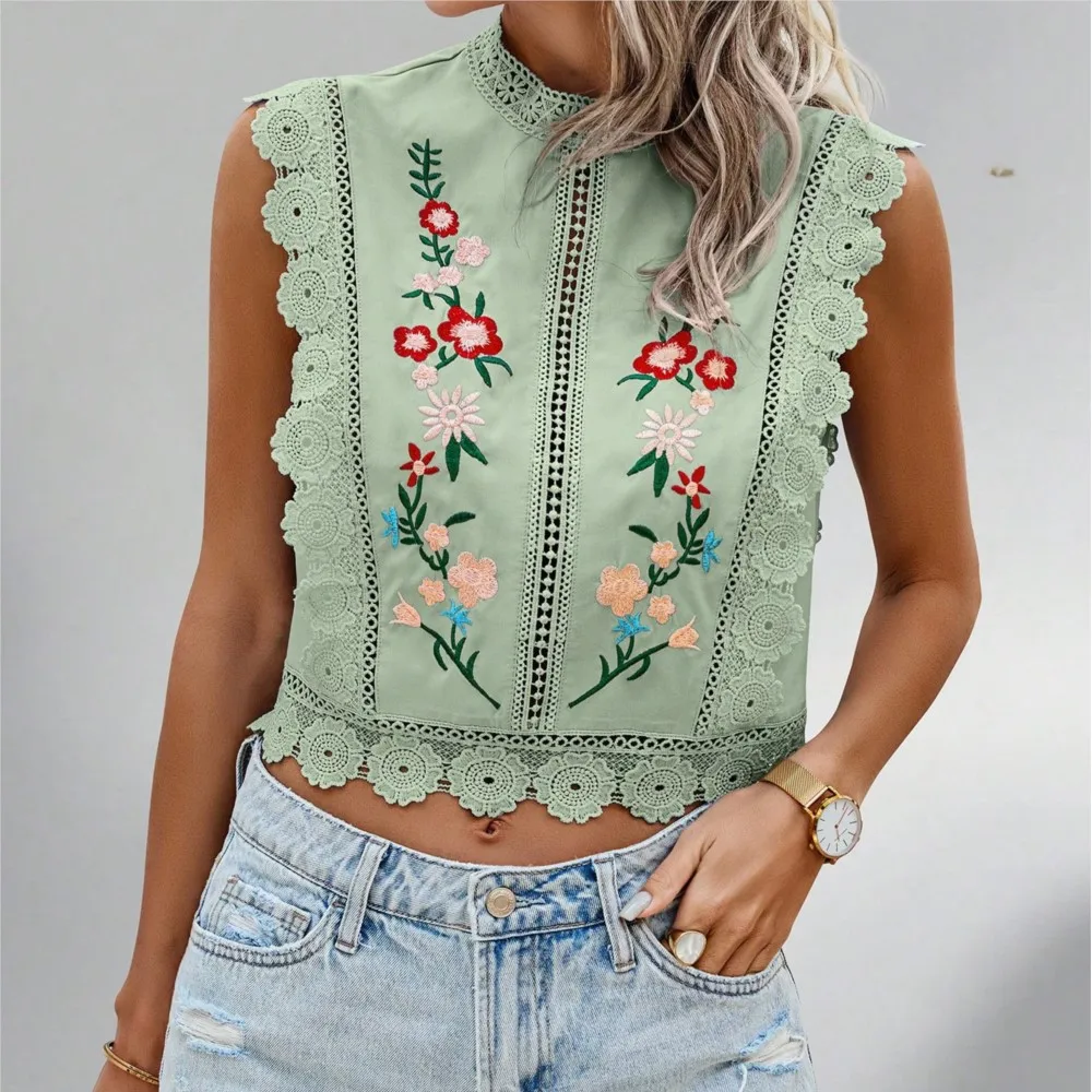 แฟชั่นสไตล์ชาติพันธุ์ Crop Top 2025 ลูกไม้ Patchwork ปักรอบคอ Hollow เสื้อชีฟองผู้หญิงเสื้อ